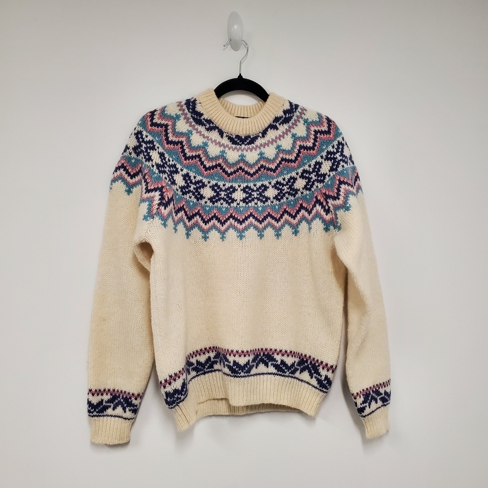 Vtg Woolrich Fair Isle Knit Sweater Size L Cream Blue Pink Wool Mohair Cabincore